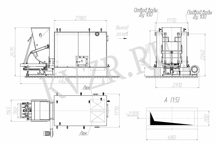 Чертеж водогрейного котла 1.25 МВт с топкой ТШПМ